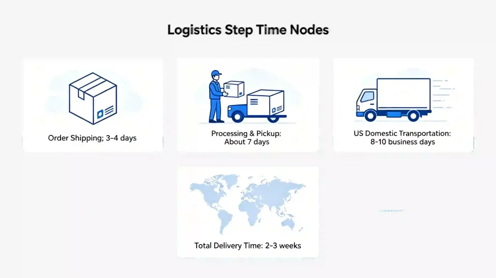 Infographic titled 'Logistics Step Time Nodes' showing the delivery timeline: Order Shipping (3-4 days), Processing & Pickup (about 7 days), US Domestic Transportation (8-10 business days), and Total Delivery Time (2-3 weeks)
