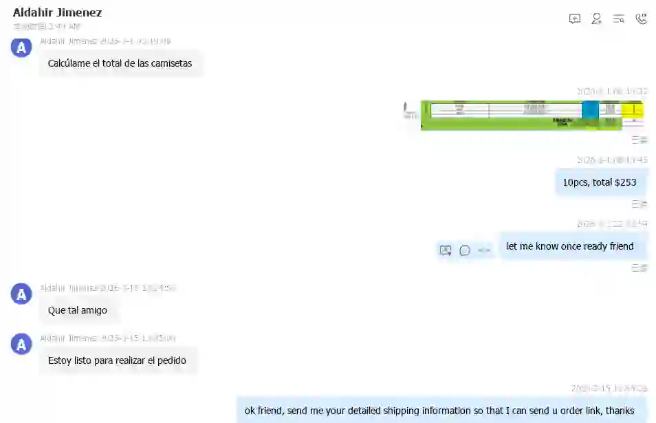 Chat screenshot showing effective communication between Mavo and Spanish-speaking customer Aldahir Jimenez, discussing order total (10pcs, $253), readiness to place order, and shipping information details