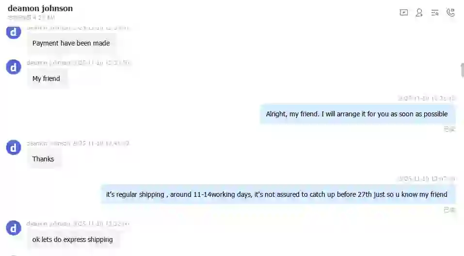 Chat screenshot showing effective communication between Mavo and customer Deamon Johnson, discussing payment confirmation, shipping timelines (regular vs. express), and the decision to upgrade to express shipping