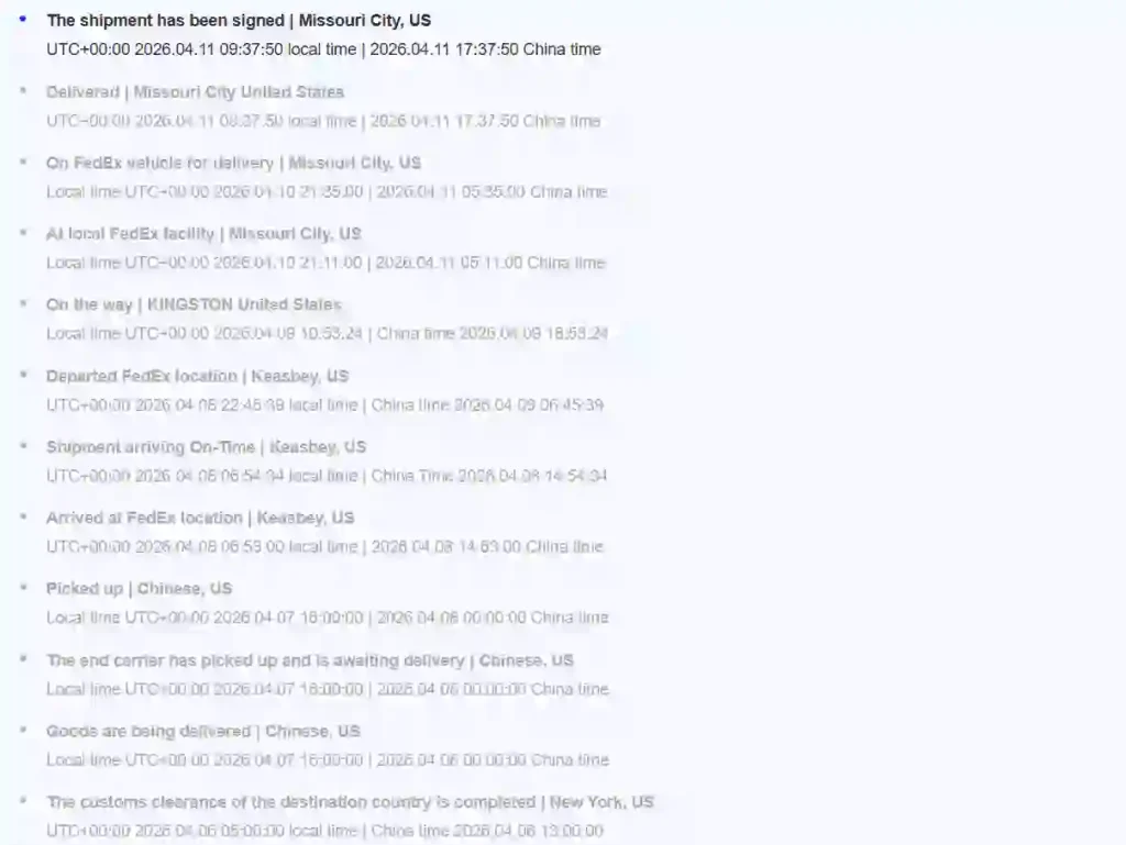 FedEx delivery tracking log showing a shipment signed for in Missouri City, US, with full transit details from pickup to delivery