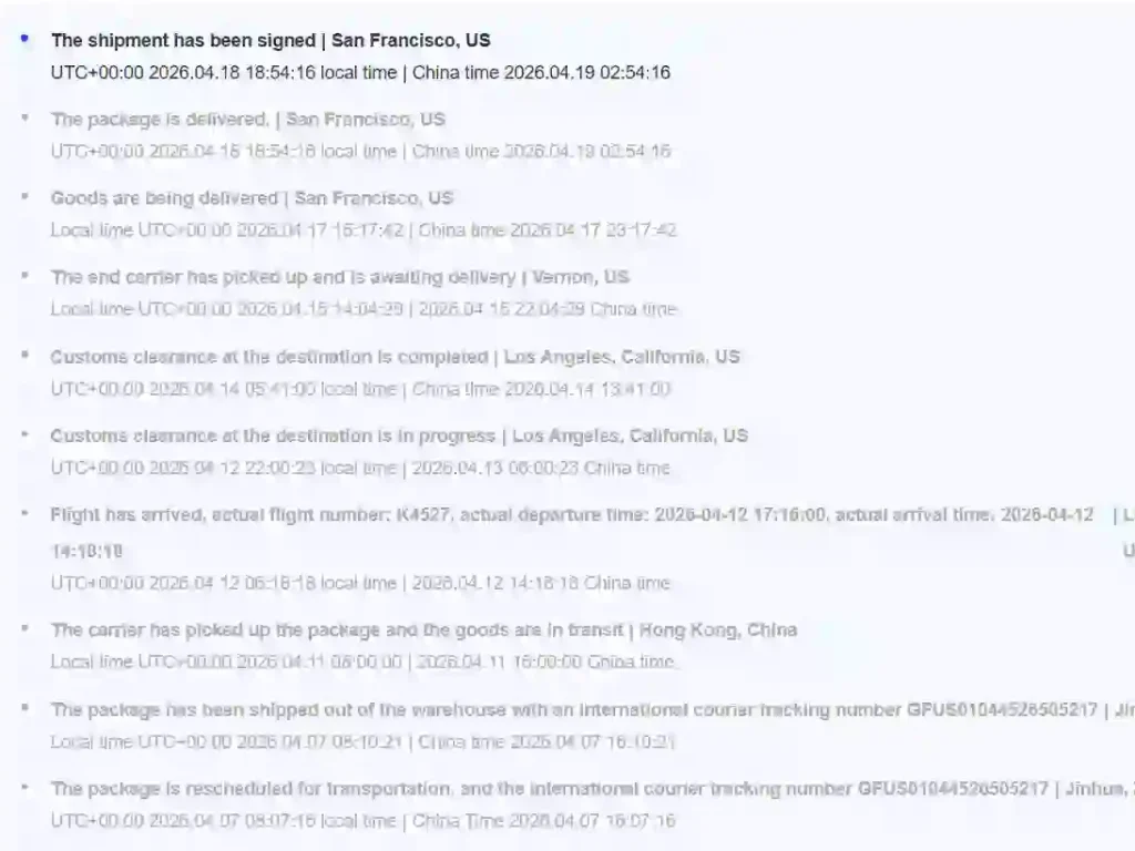 International logistics tracking log showing a shipment from Jinhua, China, delivered to San Francisco, US, with full details including warehouse dispatch, flight arrival, customs clearance, and final delivery
