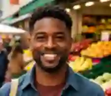 Smiling Black American man at a market, testimonial profile picture