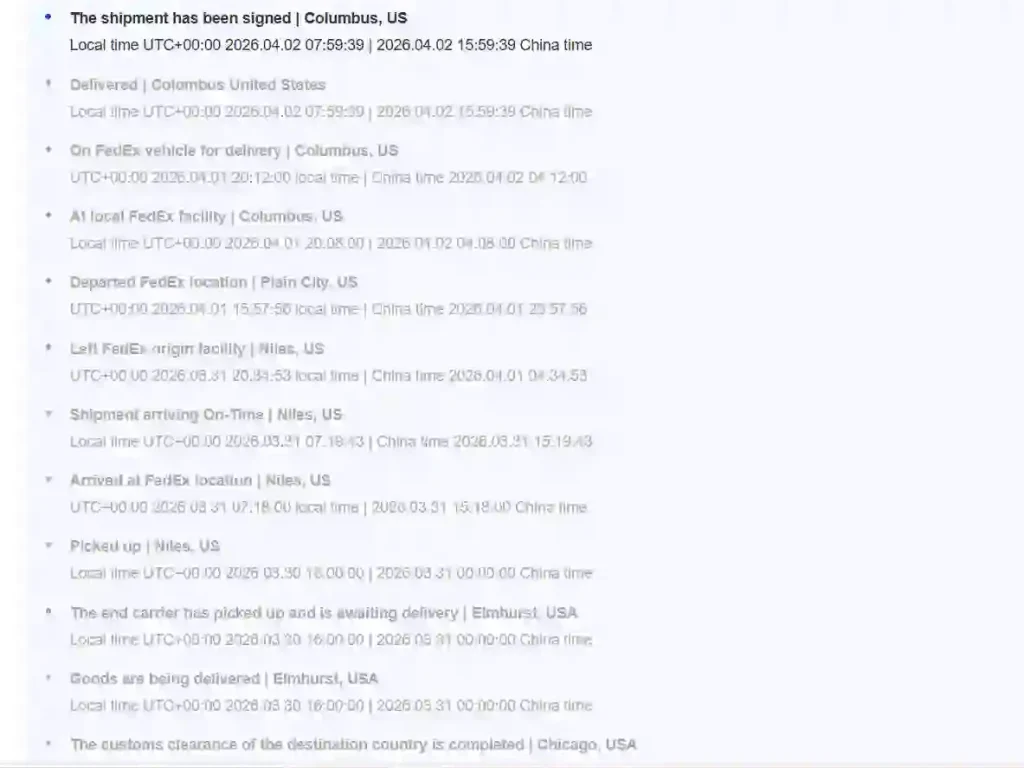 FedEx delivery tracking log showing a shipment signed for in Columbus, US, with full transit details including customs clearance, sorting, and final delivery
