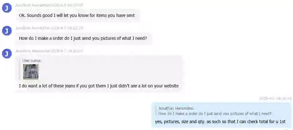 Chat screenshot showing Mavo guiding customer Jonathan Hernandez through the ordering process, confirming that customers can submit orders by sending product pictures with size and quantity details, especially for jeans not listed on the website
