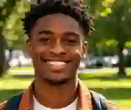 Young Black American man smiling outdoors, testimonial profile photo