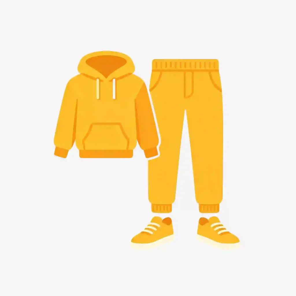 Flat illustration of a yellow tracksuit set including hoodie, jogger pants, and matching sneakers