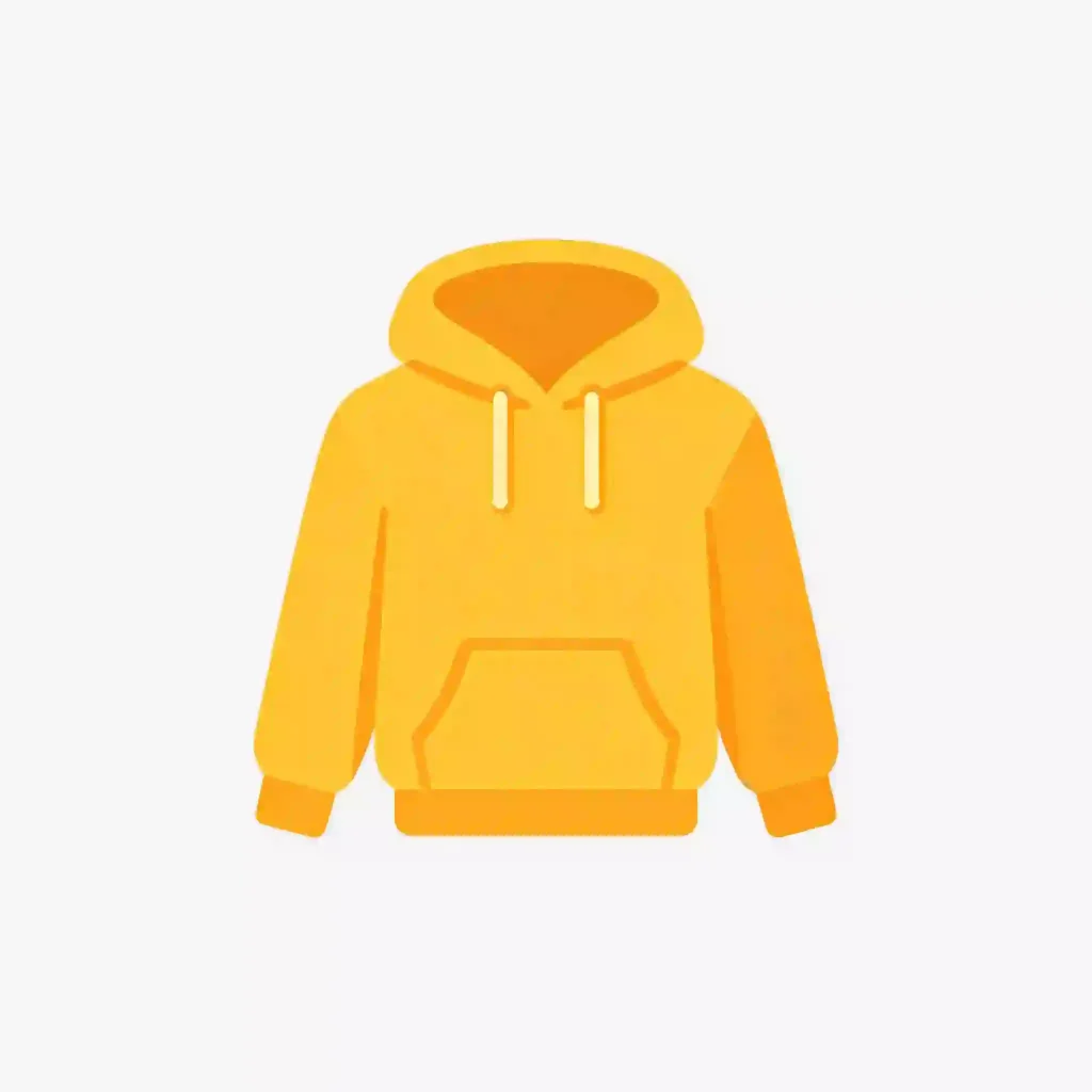 Flat illustration of a plain yellow pullover hoodie with drawstrings and kangaroo pocket