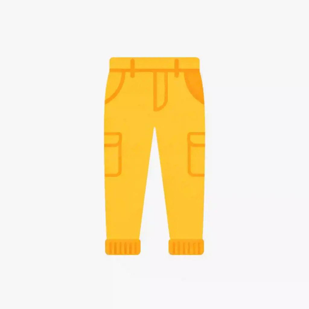 Flat illustration of plain yellow cargo pants with side pockets and cuffed ankles